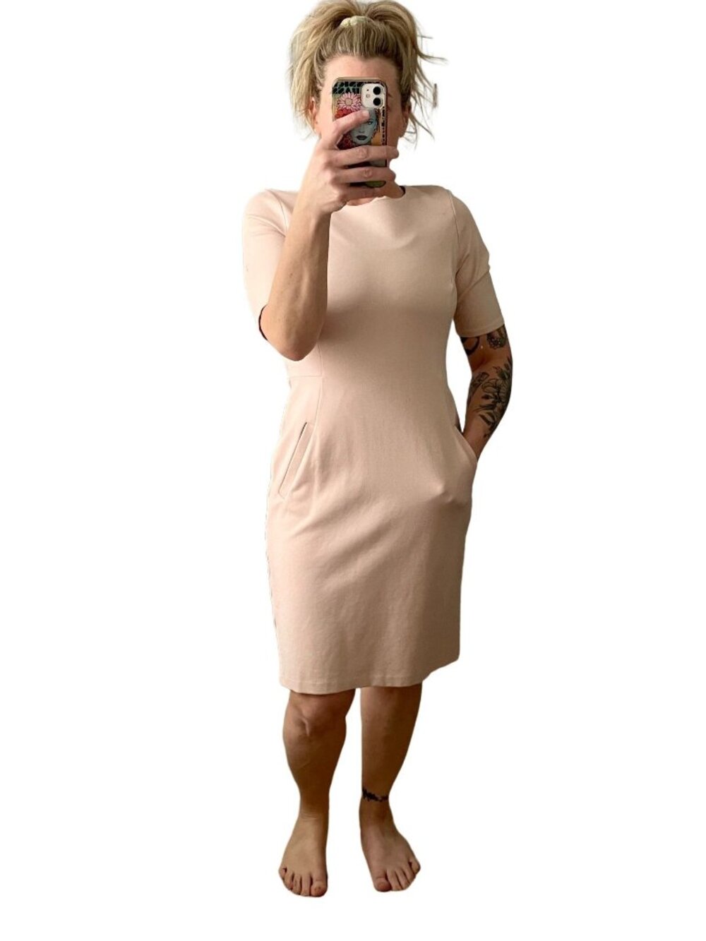 Vintage 90s Lands End Pink Stretch Fit Pencil Dress POCKETS Sz. 10